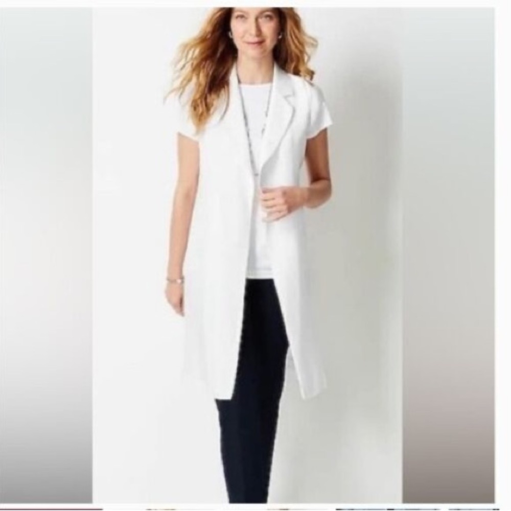 J. Jill White Linen Long Vest Open Front Chic